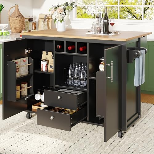 Kücheninsel Buffetschrank 137.9x73 (45)x92cm Küchenschrank Küchenwagen und klappbarer Arbeitsplatte mit Handtuchhalter Gewürzregal Türregal Weinregal und verstellbaren Einlegeböden (Schwarz) von Rosebibi