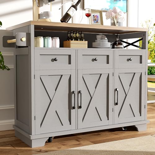 Moderne Kücheninsel (118×43-80×98cm) Küchenschrank Essschrank mit Holzmaserung Esswagen mit Rädern, mit multifunktionalem Stauraum, herausnehmbaren Trennwänden, mit Handtuchhalter, grau von Rosebibi
