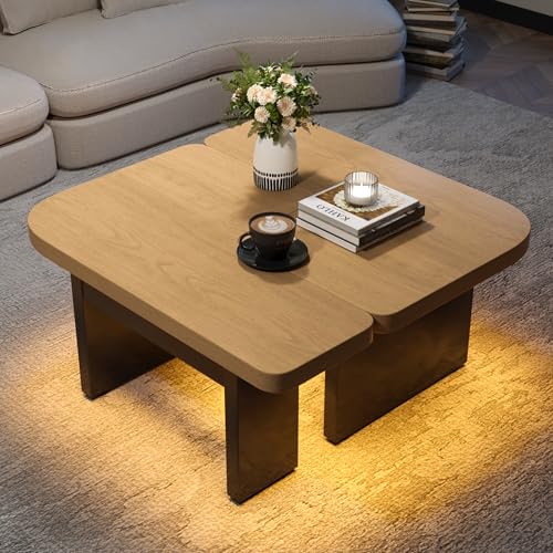 Moderner Couchtisch mit LED-Design aus umweltfreundlichem Holz, 2-in-1-Design, beliebige Kombination, Design in natürlicher Holzfarbe, 2 Schubladen, weiche Rundungen, höhenverstellbare Füße von Rosebibi
