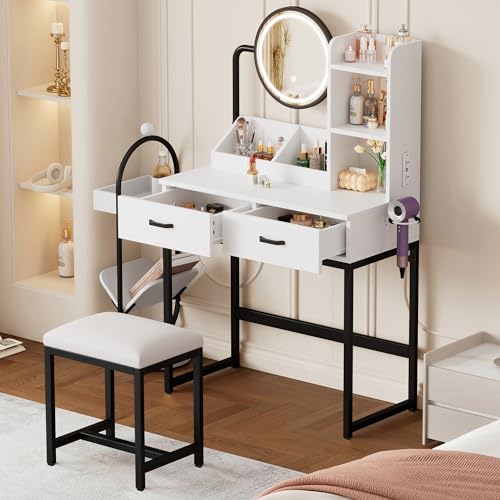 Moderner Schminktisch mit LED-Beleuchtung, drehbarem Spiegel & Steckdosen – inkl.Hocker & schwarz Metallbeinen–2 Schubladen+2 offene Ablageflächen, weiß, Maße: 80×138.5×40cm (B×H×T) (Schwarz+Weiß) von Rosebibi