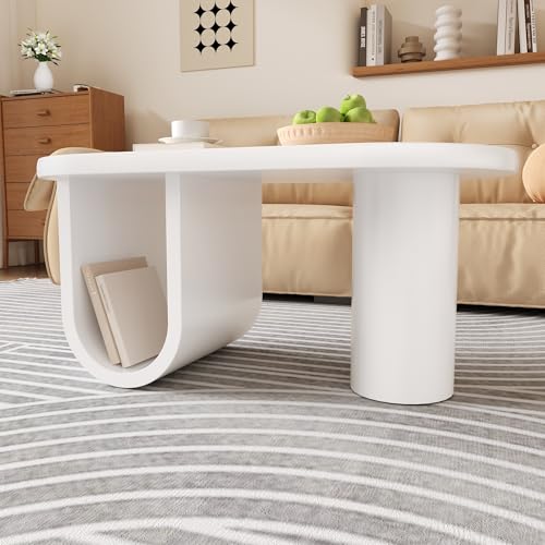 Moderner ovaler Couchtisch in Weiß, Coffee table– schlichtes Design, stabile U-förmige Beine, pflegeleichte Oberfläche, perfekt fürs Wohnzimmer, geräumiger Stauraum, Maße: 98.5x53.5x42cm (Weiß-3) von Rosebibi