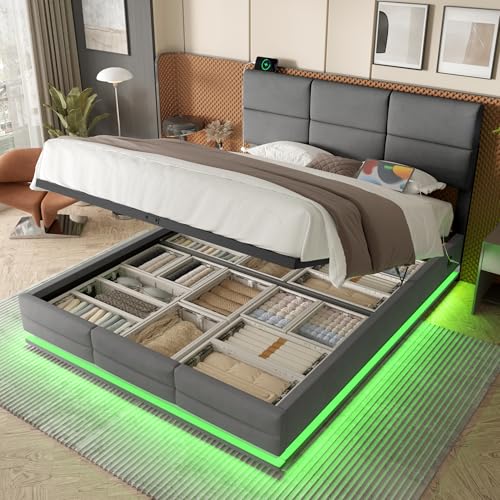 Modernes Velours-Polsterbett 140x200cm, mit höhenverstellbarem Kopfteil - Inkl. USB/Type-C-Anschlüssen, LED-Ambientebeleuchtung, hydraulischem Lift-System & XXL-Stauraum, ohne Matratze (Grau) von Rosebibi