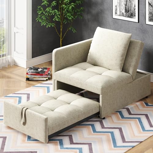 Polsterbett Schlafsofa 3 in 1 Multifunktions-Schlafsofa, Leinenstoffsofa mit Verstellbarer Rückenlehne, Liegesofa für kleine Räume (Beige) von Rosebibi