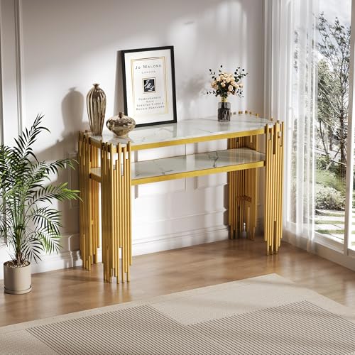 Rosebibi 128x44x80cm Mid-Century Modern Wohnzimmer Beistelltisch, Konsolentisch, Korpus mit goldenen Beinen, Doppellagiges MDF, belastbar bis 40kg (Weiß) von Rosebibi