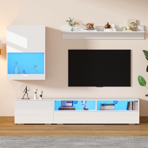 Rosebibi 175x39x34cm TV Wohnwand-Set mit Vitrine (Komplett-Set, 3-St),Mediawand inkl.TV-Board, Standregal und Wandregal, mit LED und Hochglanz,TV-Schrank (Weiß) von Rosebibi