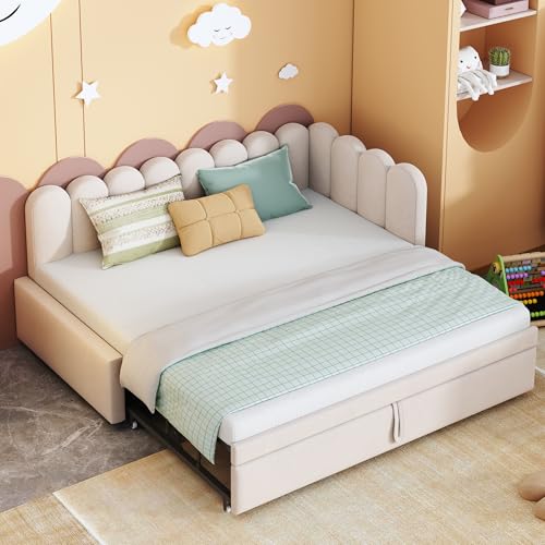 Rosebibi 2-in-1 Multifunktions-Schlafsofa in L-Form (90/180x200cm), Samt Polsterbett Platzsparendes Design Kann als Kinderbett oder Gästebett genutzt Werden (Beige) von Rosebibi