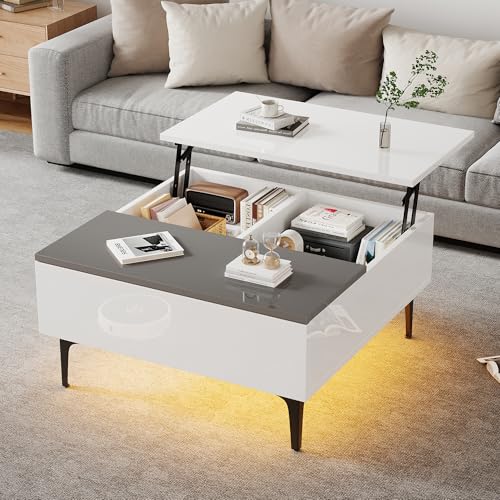 Rosebibi 70x70x35cm Couchtisch, höhenverstellbarer Kaffeetisch mit verstecktem Stauraum und Ablagen, Hochglanz-Wohnzimmertisch, Schreibtisch mit LED, Sofatisch mit Schubladen (Weiß) von Rosebibi
