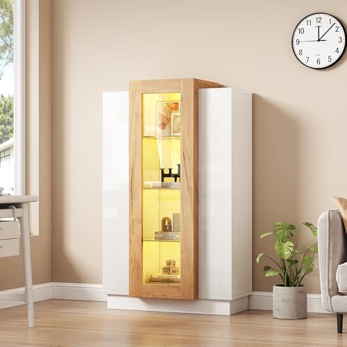 Rosebibi 74x40x120cm Wohnzimmerschrank mit 3 Türen, transparente Türen, Vitrine Hochglanz mit LED, Bücherschrank mit Glasablagen und Schublade,Standvitrine mit Einer Höhe von 120cm von Rosebibi