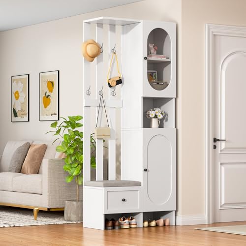 Rosebibi 85x33.5x200cm Kompaktgarderoben,Startseite Möbel Mit 2 Schränken,Aufbewahrungsschrank aus gehärtetem Glas, Garderoben-Set Weißer Eingangsschrank, Garderobenständer mit Schuhbank und Polster Rosebibi 85x33.5x200cm Kompaktgarderoben,Startseite Möbel Mit 2 Schränken,Aufbewahrungsschrank aus gehärtetem Glas, Garderoben-Set Weißer Eingangsschrank, Garderobenständer mit Schuhbank und Polster von Rosebibi