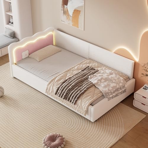 Rosebibi 90x200cm, Daybett, Tagesbett, Schlafsofa, LED-Umgebungslicht mit Fernbedienung, Bett mit Lattenrost (ohne Matratze), Vliesimitat, Weiß von Rosebibi