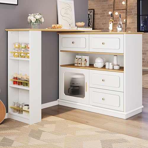 Rosebibi Ausziehbarer Bartisch mit Stauraum(125-181×39×104.5cm), 360° drehbare Essbar,Moderner Beweglicher Bar Table,Hochtisch Kücheninsel Bistro Table, Sideboardschrank mit Regalen und Glas (Weiß) von Rosebibi