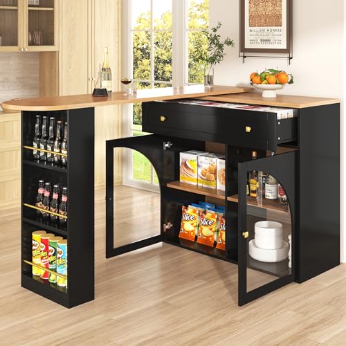 Rosebibi Ausziehbarer Bartisch mit Stauraum(138-204×39×104cm), 360° drehbare Essbar,Moderner Beweglicher Bar Table,Hochtisch Kücheninsel Bistro Table, Sideboardschrank mit Regalen und Glas (Schwarz) von Rosebibi