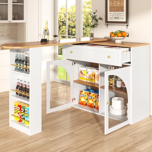 Rosebibi Ausziehbarer Bartisch mit Stauraum(138-204×39×104cm), 360° drehbare Essbar,Moderner Beweglicher Bar Table,Hochtisch Kücheninsel Bistro Table, Sideboardschrank mit Regalen und Glas (Weiß) von Rosebibi
