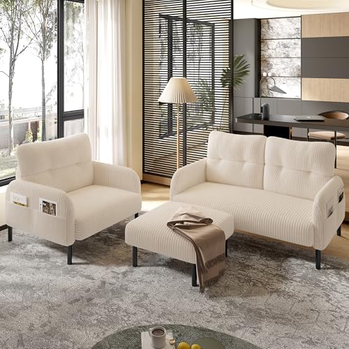Rosebibi Cord 3er-Set Sessel+Hocker+2-Sitzer Sofa mit Seitentasche Stahlrohrgestell & extraweiche Rückenlehne Tiefe Sitzfläche Modular kombinierbar für Wohnzimmer (Beige) von Rosebibi