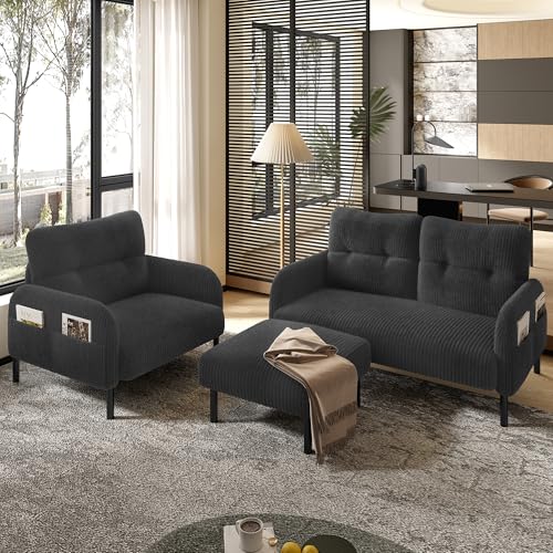 Rosebibi Cord 3er-Set Sessel+Hocker+2-Sitzer Sofa mit Seitentasche Stahlrohrgestell & extraweiche Rückenlehne Tiefe Sitzfläche Modular kombinierbar für Wohnzimmer (Grau) von Rosebibi