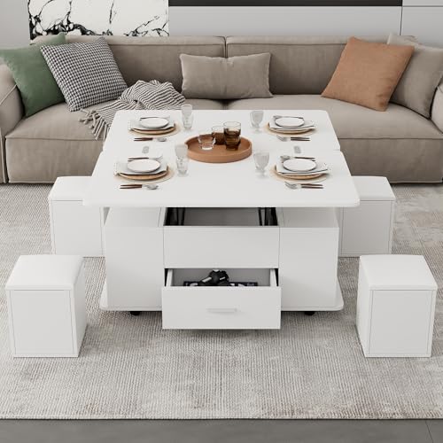 Rosebibi Couchtisch Höhenverstellbar,Beweglicher Sofatisch, 4-in-1-Multifunktions-Couchtisch Umwandelbar in Wohnzimmer-Esstisch,Couchtisch mit Schubladen, mit 4 Hockern,Weiß von Rosebibi