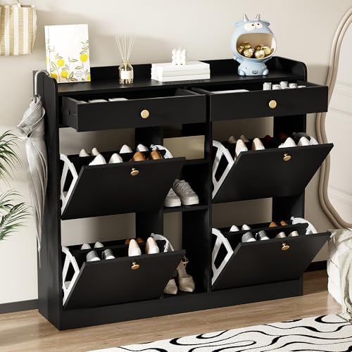 Rosebibi Edler Schuhschrank mit 4 Klapptüren, 2 Schubladen, 3 offenen Fächern - perfekt für Moderne Flure und Eingangsbereiche, Maße 110x26x100cm (Schwarz) von Rosebibi