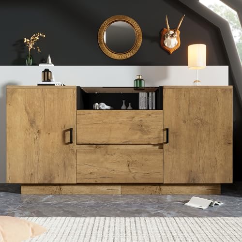 Rosebibi Eichenoptik Kommode Sideboard mit 2 Schubladen+2 Schränken (innen höhenverstellbar) & offenem Fach - ESG-Glas & Schwarze Griffe, H70/B140/T40cm von Rosebibi