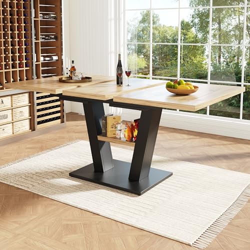 Rosebibi Esstisch Teleskoptisch (118-157×70×75cm), Tisch, Küchentisch, Ausziehtisch, mit Hilfe innenliegender Einlegeplatten auf 118-157cm ausziehbar, für Küche und Wohnzimmer, Holzfarbener Esstisch von Rosebibi