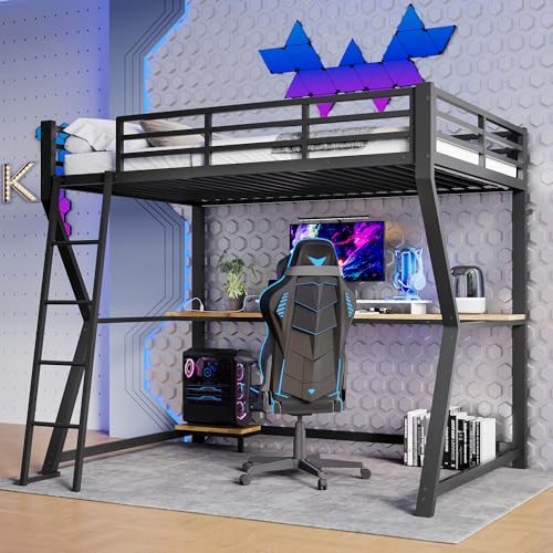 Rosebibi Hochbett, 90x200cm, Mit LED-Leuchten, Computerkonsolenablage, Schreibtisch, Steckdose+USB, Geländer, Treppe, ohne Matratze (Schwarz) von Rosebibi