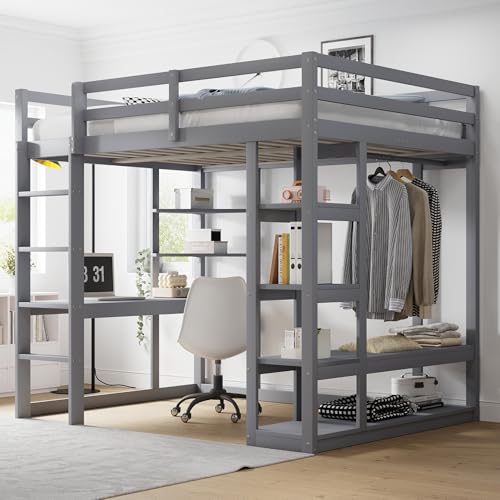Rosebibi Hochbett 140x200cm, mit Leiter Massivholz, Mit Tisch und Regalen, Mit Einfachen Aufhängungen und Ablage Laminat, Kinderbetten Jugendbetten, Doppelbetten (Grau) von Rosebibi