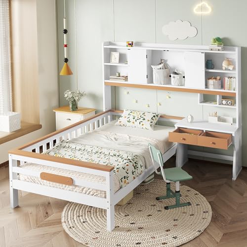 Rosebibi Kinderbett, 90x200cm, mit Stauraumschrank, mit Tisch und Schubladen, Mit Schutzplatte und Lattenroste, L-Struktur, Weiß+Natur, Kiefer+MDF+Mehrschichtplatte von Rosebibi