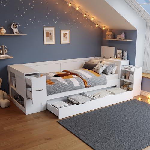 Rosebibi Kinderbett,90x200cm, Daybed, Einzelbett, multifunktionales Kinderbett mit Schubladen, Regalen und Stauraum, mit nachttisch,mit Stauraum, ohne Matratze, weiß von Rosebibi