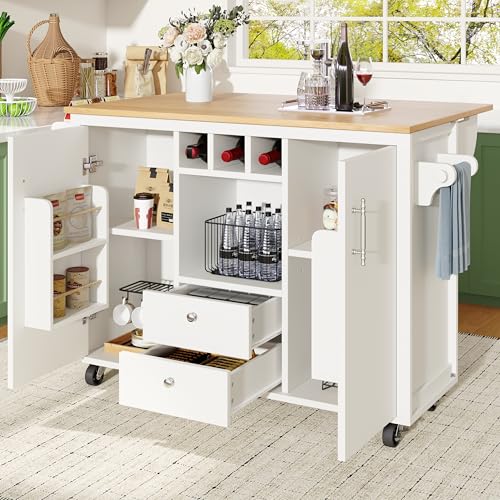 Rosebibi Kücheninsel Buffetschrank 137.9x73 (45) x92cm Küchenschrank Küchenwagen und klappbarer Arbeitsplatte mit Handtuchhalter Gewürzregal Türregal Weinregal und verstellbaren Einlegeböden (Weiß) von Rosebibi
