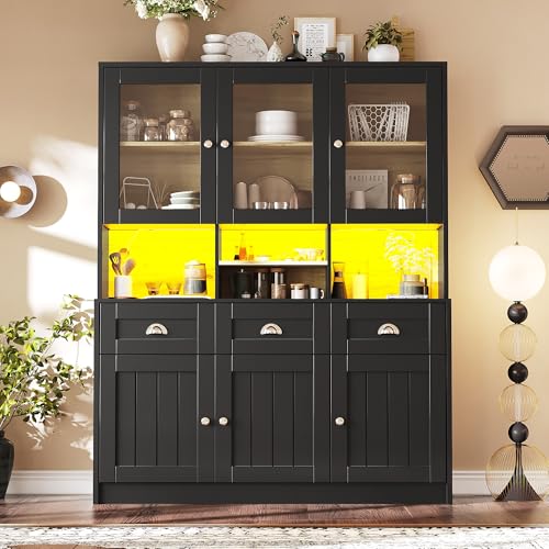 Rosebibi Küchenschrank(140×40×175cm), Hochschrank Küchenbuffet, Vitrinenschrank, Buffetschrank mit Verstellbaren Ablagen, Sideboard mit LED-Beleuchtung,Variable Lichtfarben (Schwarz) von Rosebibi