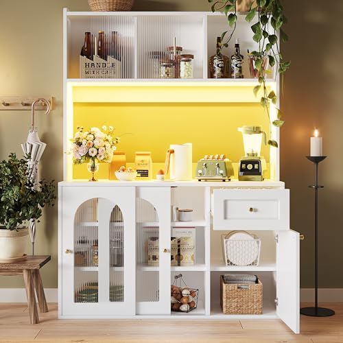 Rosebibi Küchenschrank, Hochschrank, Vitrinenschrank, Buffetschrank mit Verstellbaren Ablagen, Esszimmerschrank, Sideboard mit LED-Beleuchtung (Weiß) von Rosebibi