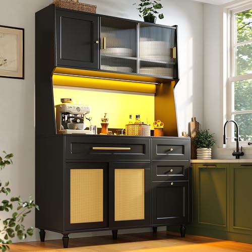 Rosebibi Küchenschrank, Hochschrank,Vitrinenschrank, Buffetschrank mit Verstellbaren Ablagen, Esszimmerschrank mit 3 Schubladen,Sideboard mit LED-Beleuchtung, PE-Rattan, Schwarz von Rosebibi