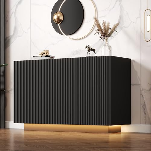 Rosebibi LED Kommode Modern Design Sideboard mit Beleuchtung Schwarz Marmor Optik Smart Wohnzimmerschrank Bluetooth Steuerung Vertikale Streifen Anrichte 120cm Aufbewahrungsschrank von Rosebibi