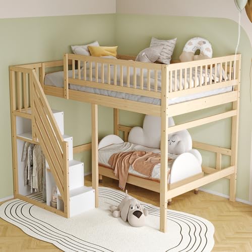 Rosebibi Massivholzbett, 140x200cm, Treppe mit Stauschrank, hohes Geländer, Kinderbett, Jugendbett, Massivholzbettgestell (Holzfarbe) von Rosebibi
