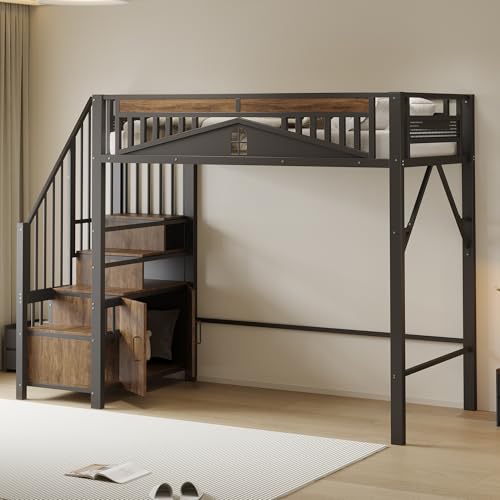 Rosebibi Metall-Hochbett, 90x200cm, Einzigartiges Sicherheitsgehäuse mit Fenster, Sicherheitsleiter mit Spind (Schwarz2, mit Spind) von Rosebibi
