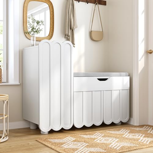 Rosebibi Moderner 3-Türen-Schuhschrank mit Schublade & Sitzpolster –Weiß – Schuhschränke und Schuhbänke – Platzsparende Schuhschränke für den Flur – Stilvolle Schuhbänke für Flur und Eingangsbereich von Rosebibi