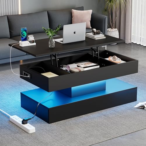 Rosebibi Moderner Couchtisch mit LED-Beleuchtung und verstecktem Stauraum - Beistelltisch mit hydraulischem Hub, 100x50x42cm, 50kg belastbar (Schwarz) von Rosebibi