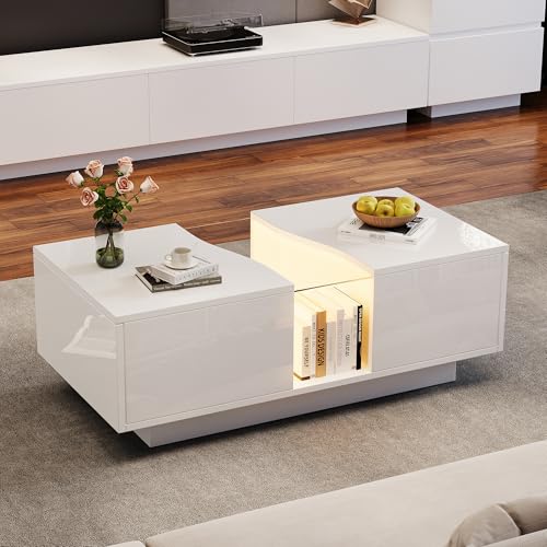 Rosebibi Moderner LED-Couchtisch mit 2 Schubladen – 100x50x35cm, Hochglanz-Beistelltisch mit LED-Licht und Acrylplatte, MDF-Beistelltisch für Wohnzimmer, Schlafzimmer (Weiß) von Rosebibi