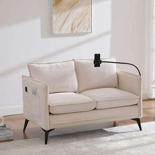Rosebibi Modernes Doppelsofa Kleines Stoffsofa Sessel mit Lagerung Seitentasche+einstellbare Handy-Halter Geeignet für Wohnzimmer/Schlafzimmer/Balkon (Beige) von Rosebibi
