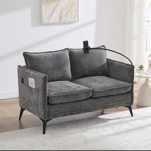Rosebibi Modernes Doppelsofa Kleines Stoffsofa Sessel mit Lagerung Seitentasche+einstellbare Handy-Halter Geeignet für Wohnzimmer/Schlafzimmer/Balkon (Grau) von Rosebibi