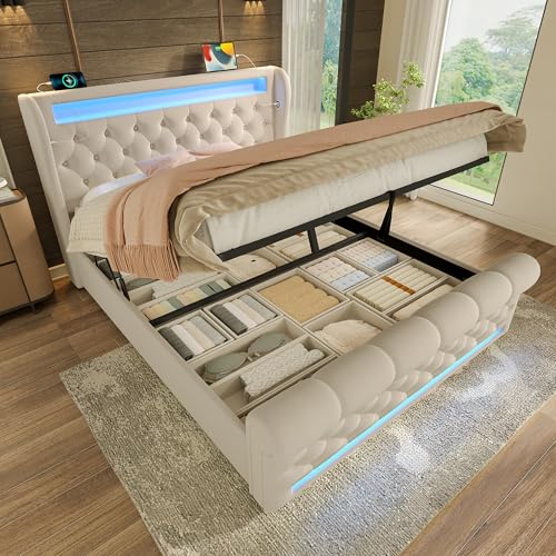Rosebibi Modernes Polsterbett 140x200cm, Doppelbett, Polsterbett mit LED-Leuchten,Stauraum-Kopfteil mit USB- und Typ-C-Anschlüssen, Hydraulisches Stauraumbett, Samt, Ohne Matratze (Beige) von Rosebibi