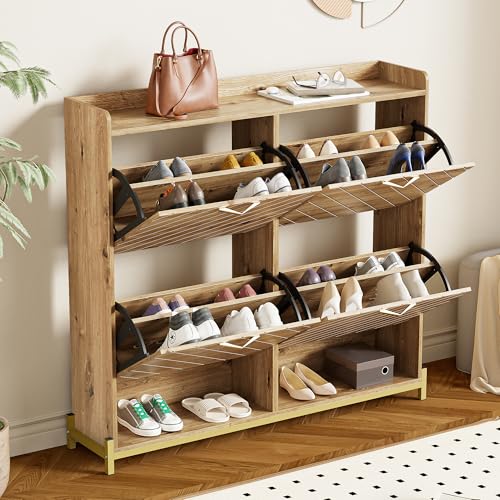Rosebibi Modernes Schuhregal in Holzoptik – 4-türiger Schuhschrank – Platzsparender Schuhschrank für Eingangsbereich, Flur oder Flur–Robust und stilvoll (Holzfarbe-2) von Rosebibi