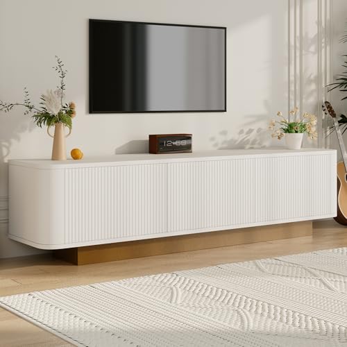 Rosebibi Modernes TV-Lowboard mit Stauraum – Abgerundetes Design, Kabelmanagement, Texturfront, Weiß – MDF Medienkonsole Wohnzimmer (Weiß2) von Rosebibi