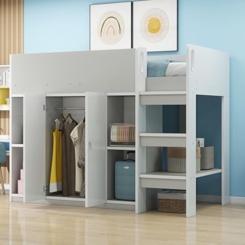 Rosebibi Multifunktionales Hochbett 90x200cm, mit Stauraum, Schrank und Regalen – Kinderbett mit Leiter und Stabiler Konstruktion (Grau) von Rosebibi