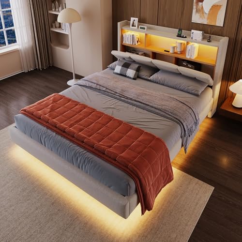 Rosebibi Polsterbett, 140x200cm, ferngesteuerte Ambiente-Lichtleiste unter dem Bett, Flip-Top-Ablage, Kopfteil mit Ablage, USB+Type-c, ohne Matratze, Mit LED-Leuchten (Beige) von Rosebibi