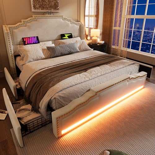 Rosebibi Polsterbett, 180x200cm, Doppelbett mit 4 Schubladen, LED-Beleuchtung und USB-C-Ladeanschluss, Stauraumbett und Jugendbett mit Lattenrost, Samt, ohne Matratze (Beige) von Rosebibi