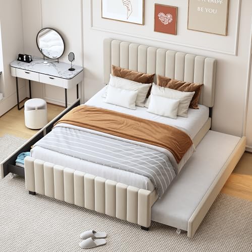 Rosebibi Polsterbett 140x190cm mit Ausziehbett,mit Zwei Schubladen,flaches Doppelbett in hautfreundlichem Samtstoff Kinderbett Jugendbett Gästebett (ohne Matratze) (Beige) von Rosebibi