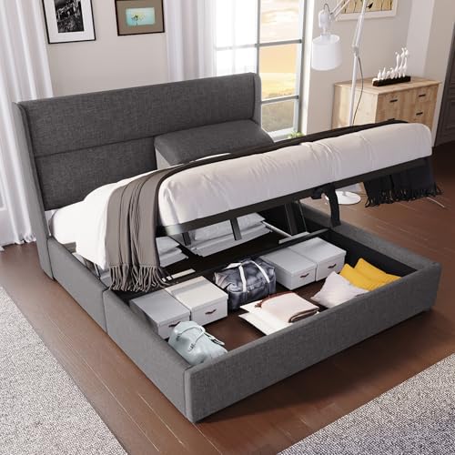 Rosebibi Polsterbett 160x200cm, Doppelbett mit Verstellbare Kopfstützen,Hydraulisches Bettgestell mit Stauraum, Leinenmaterial Bett mit Metall- Lattenrost,Grau(Ohne Matratze) von Rosebibi