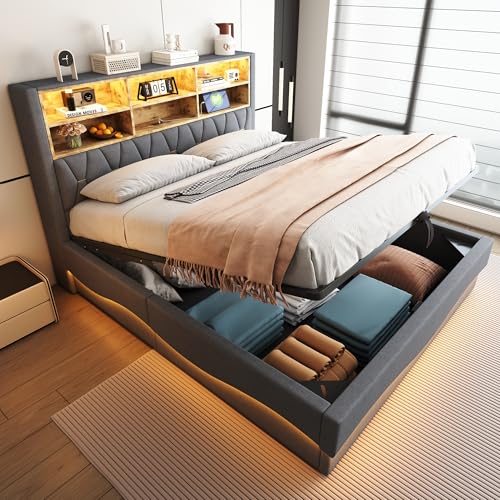 Rosebibi Polsterbett 180x200cm, mit hydraulischem Stauraum APP-gesteuertes LED-Lichtband USB-Ladeanschluss Metall-Lattenrost Leinenpolsterung (Grau) von Rosebibi