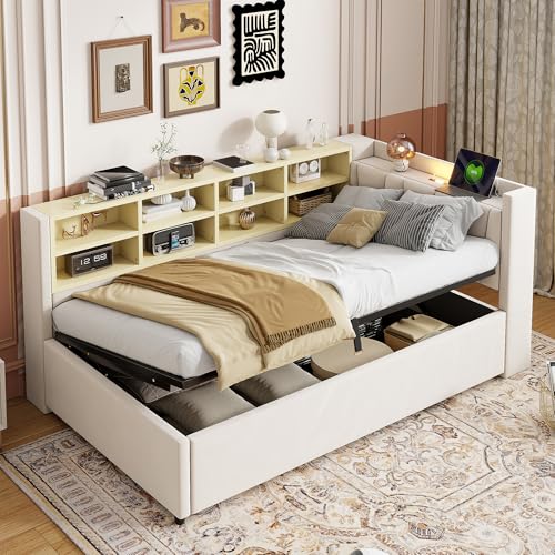 Rosebibi Polsterbett Schlafsofa, Mit Hydraulischem Stauraum, Mit Nachtlicht, USB- und Typ-C-Ladeanschluss, Mit Ablagen und Staufächern, Gepolstertes Kopfteil, Multifunktionsbett (Beige, 90x200cm) von Rosebibi