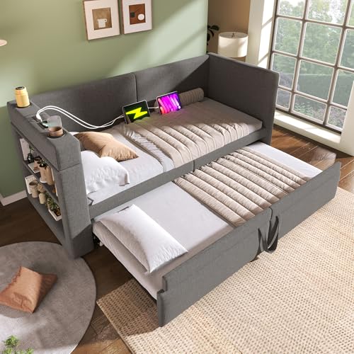 Rosebibi Polstertes Daybett, 90x200cm Einzelbett Schlafsofa mit Ausziehbett, Armlehnen mit USB- & Type-C-Ladeanschluss und Getränkehalter, Leinen-Mischgewebe, ohne Matratze (Grau) von Rosebibi